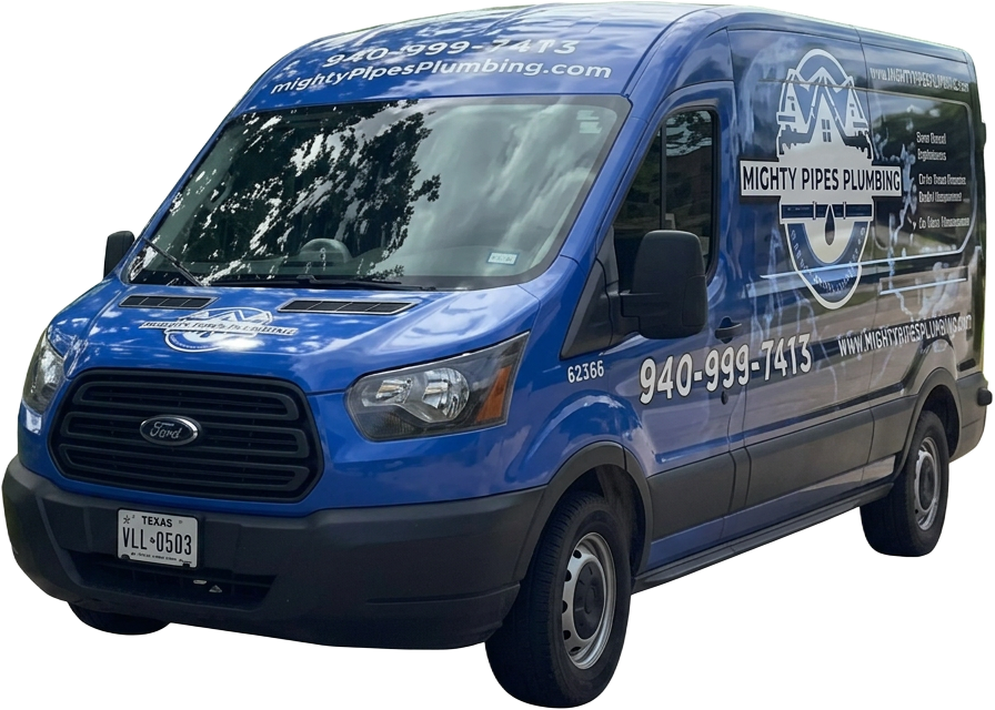Mighty Pipes Plumbing service van serving Rhome, TX